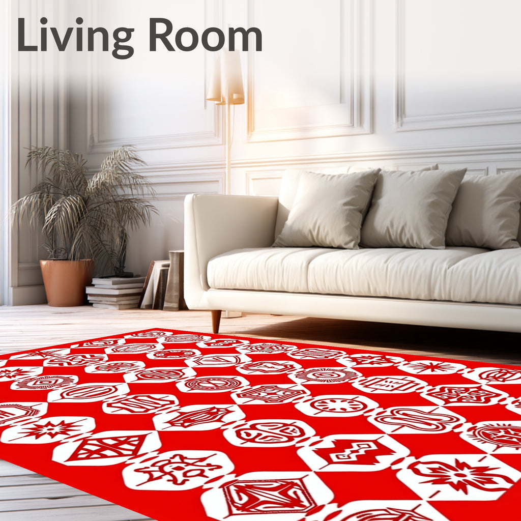 Vibrant Red Geometric Emblem Collage Rug