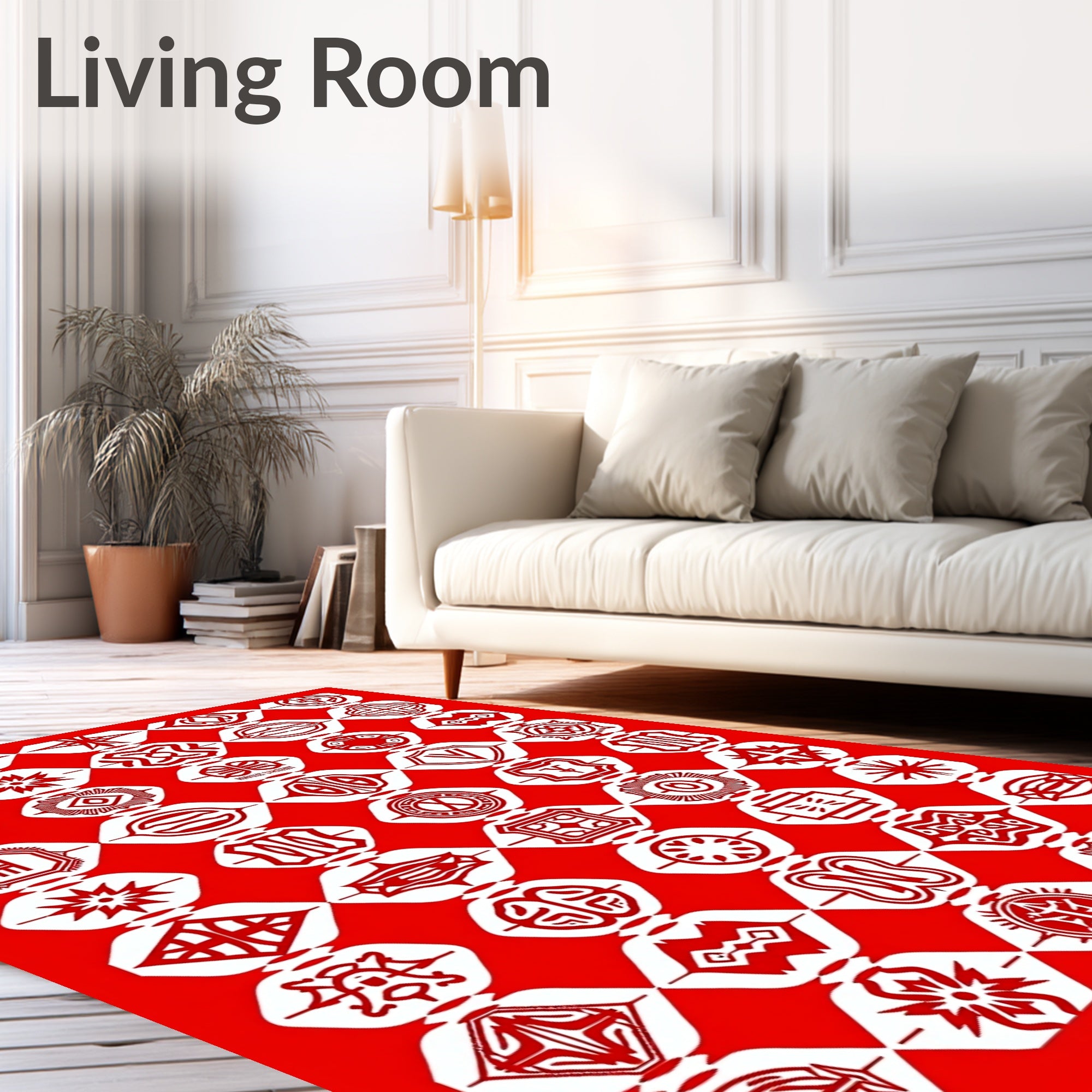 Vibrant Red Geometric Emblem Collage Rug