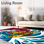 Yellow Cat Turtle Surfing Blue Wave Rug