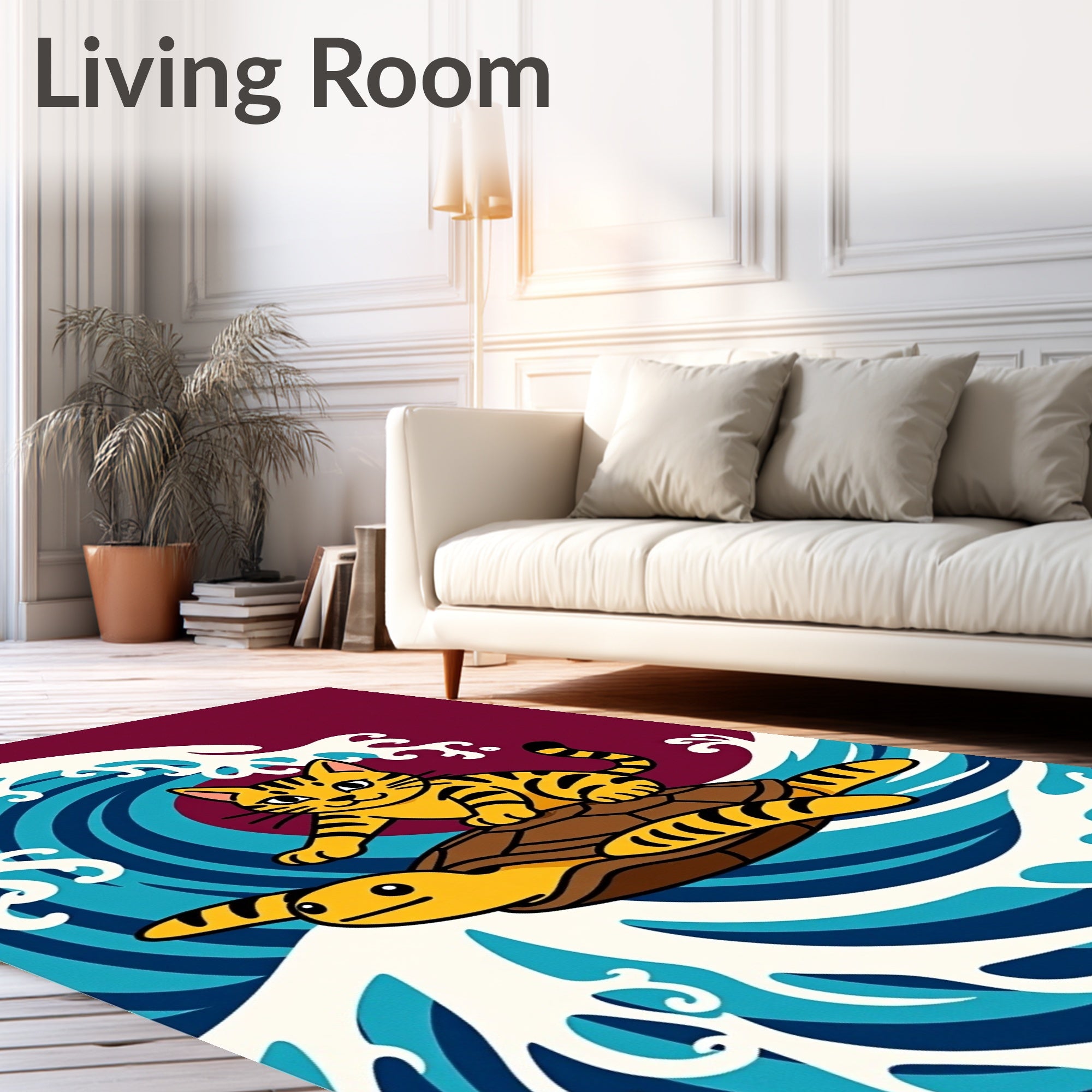 Yellow Cat Turtle Surfing Blue Wave Rug