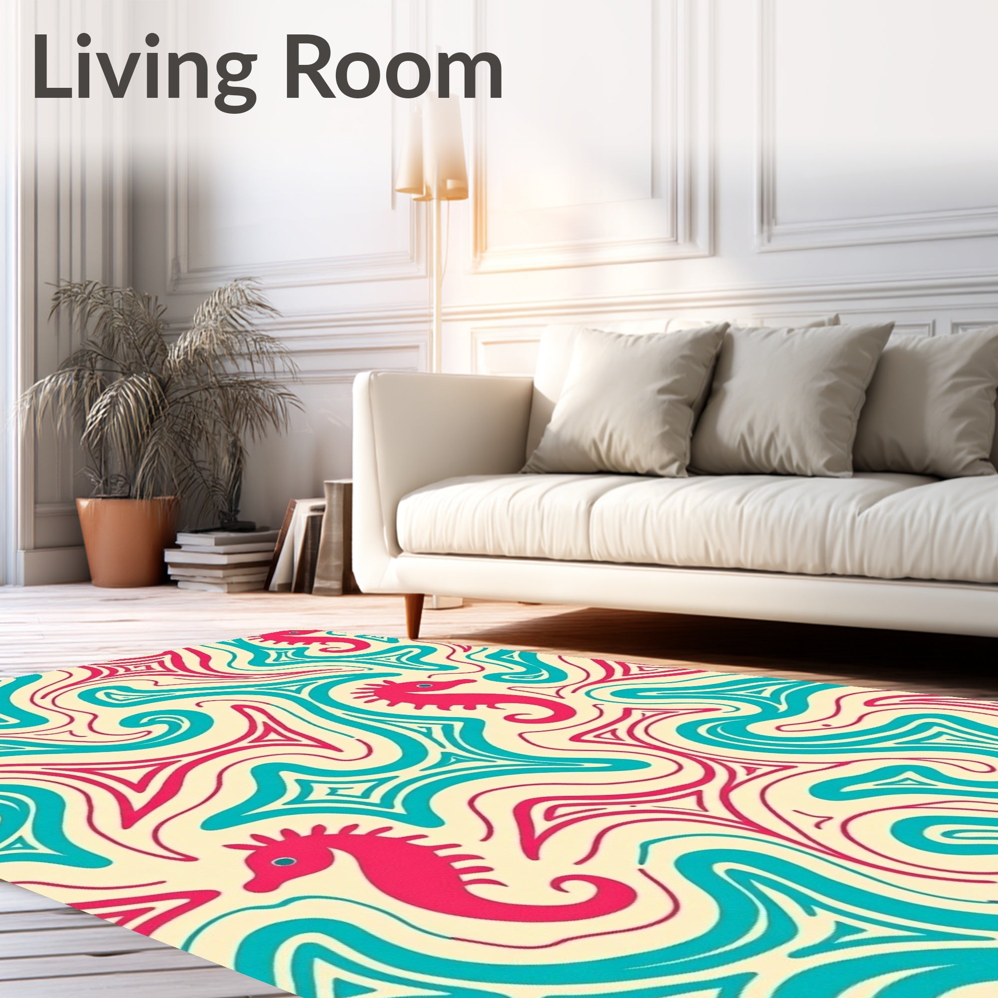 Aqua Coral Seahorse Swirl Ribbons Rug
