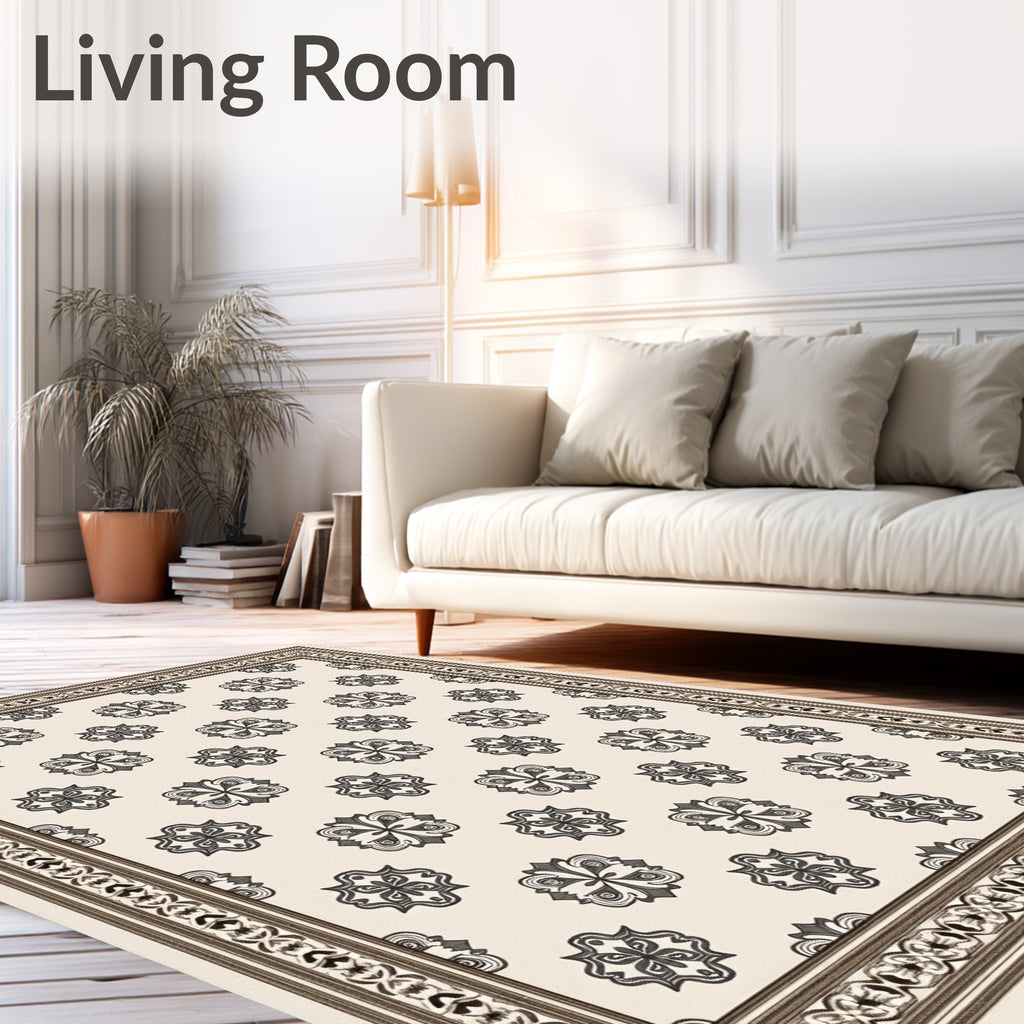 Neutral Cream Scroll Medallion Border Rug