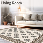 Neutral Cream Scroll Medallion Border Rug