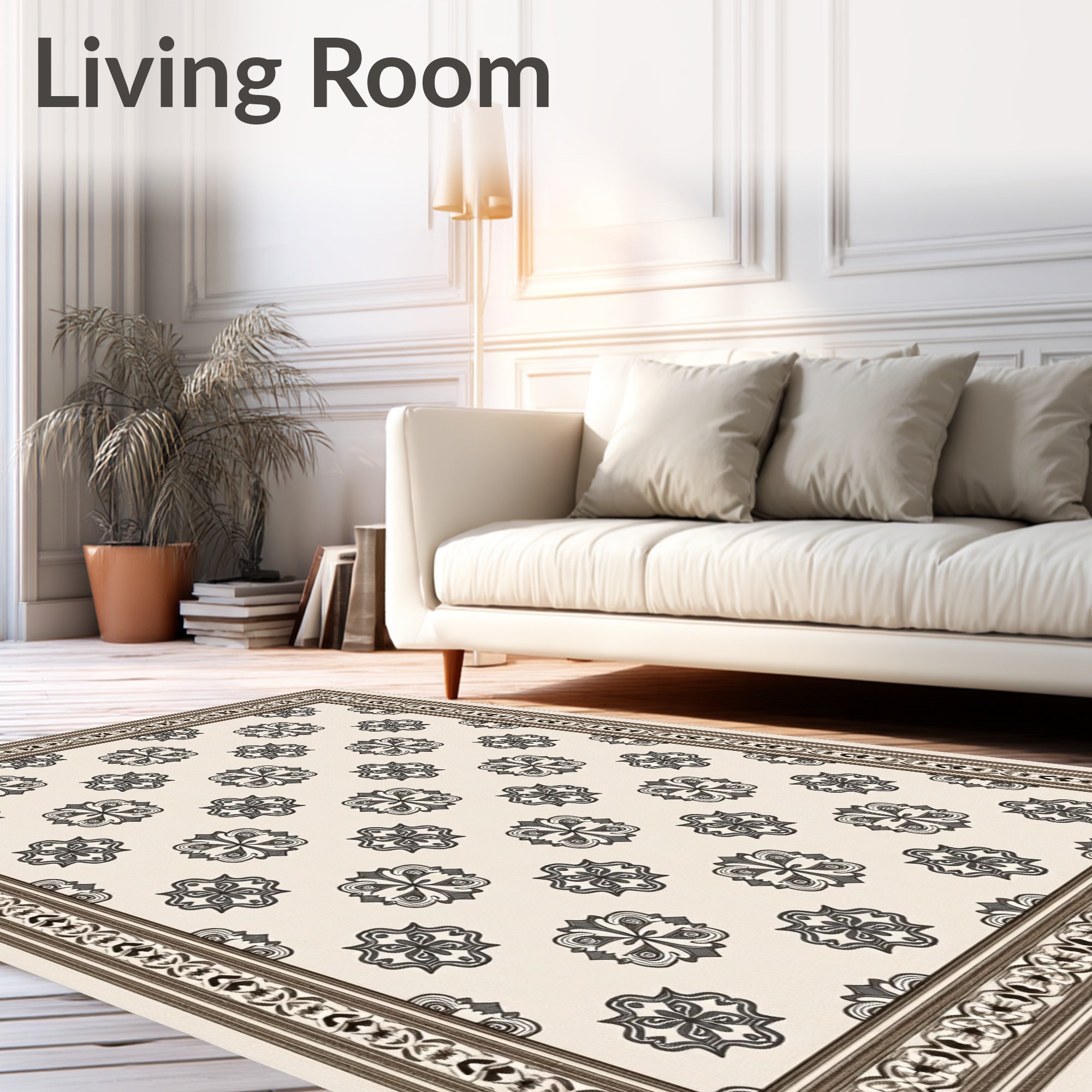 Neutral Cream Scroll Medallion Border Rug