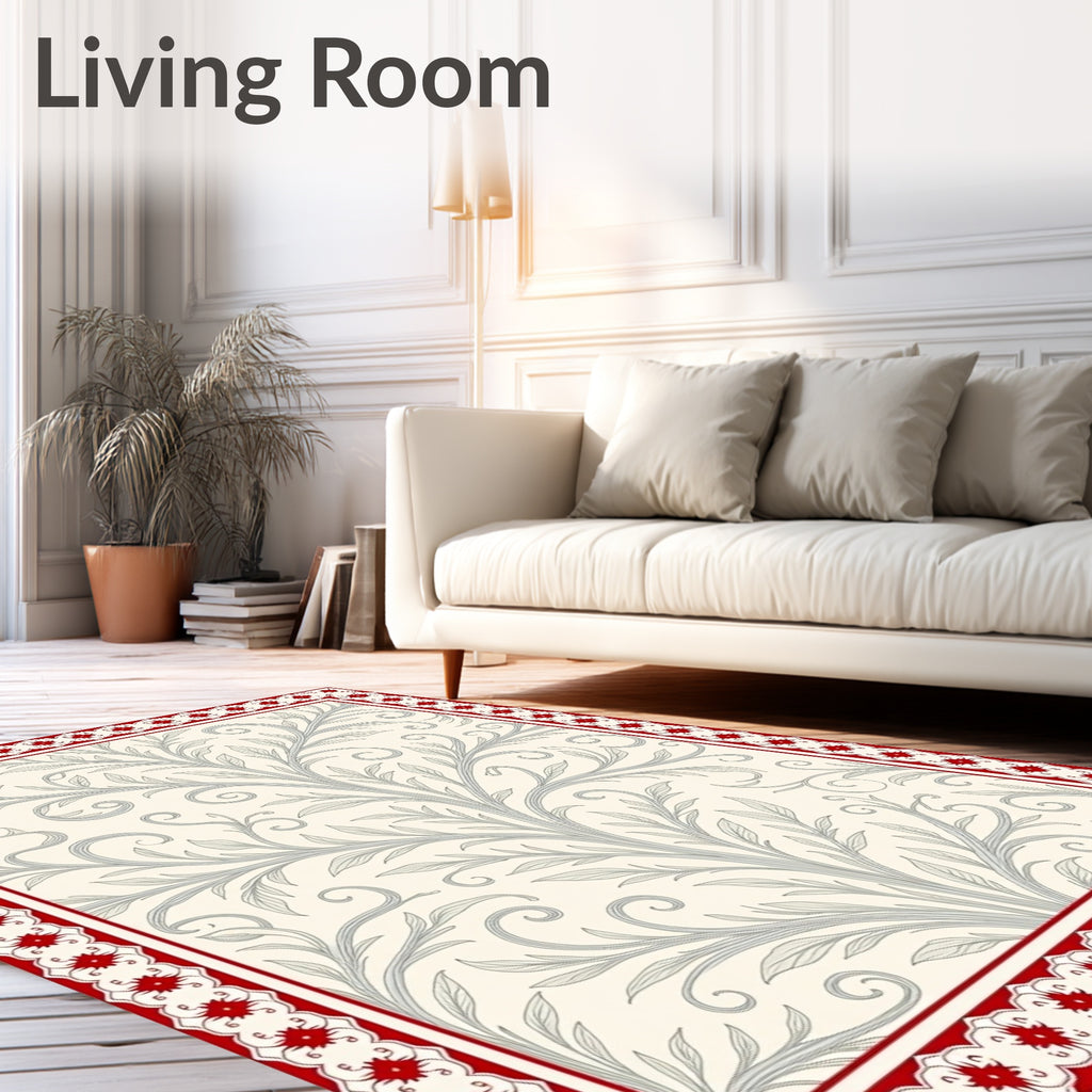Cream Red Floral Vine Scroll Rug