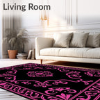 Fuchsia Black Ornate Floral Medallion Rug
