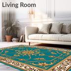 Teal and Gold Floral Sunburst Medallion Rug