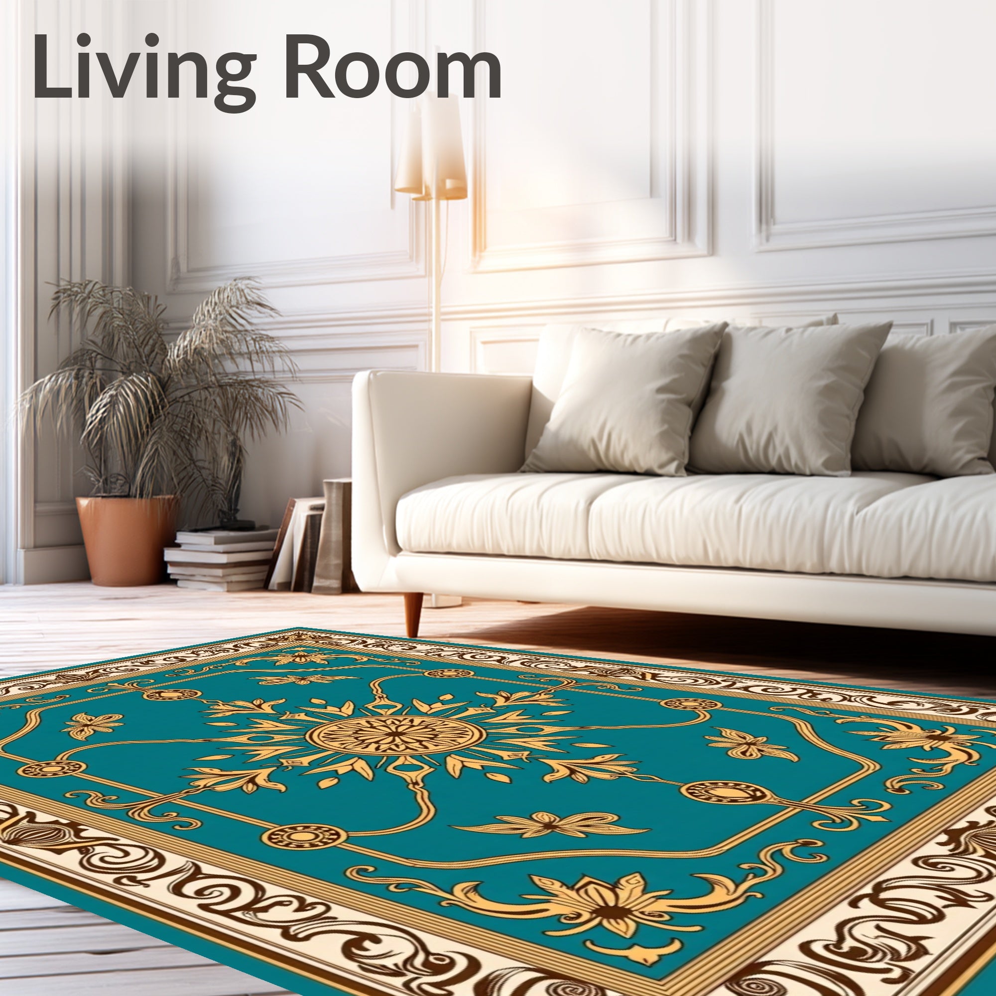 Teal and Gold Floral Sunburst Medallion Rug