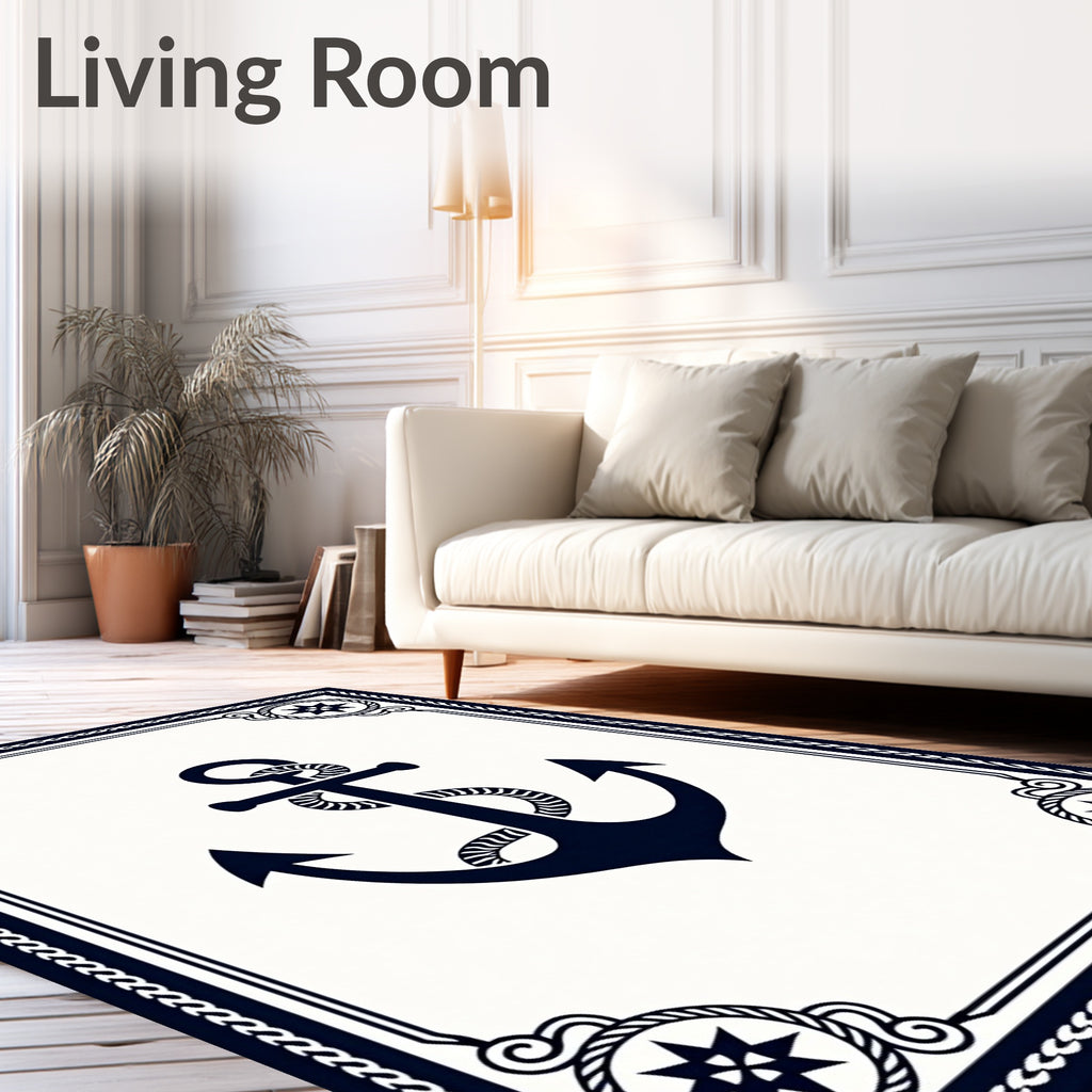 Navy Anchor Compass Rose Border Rug