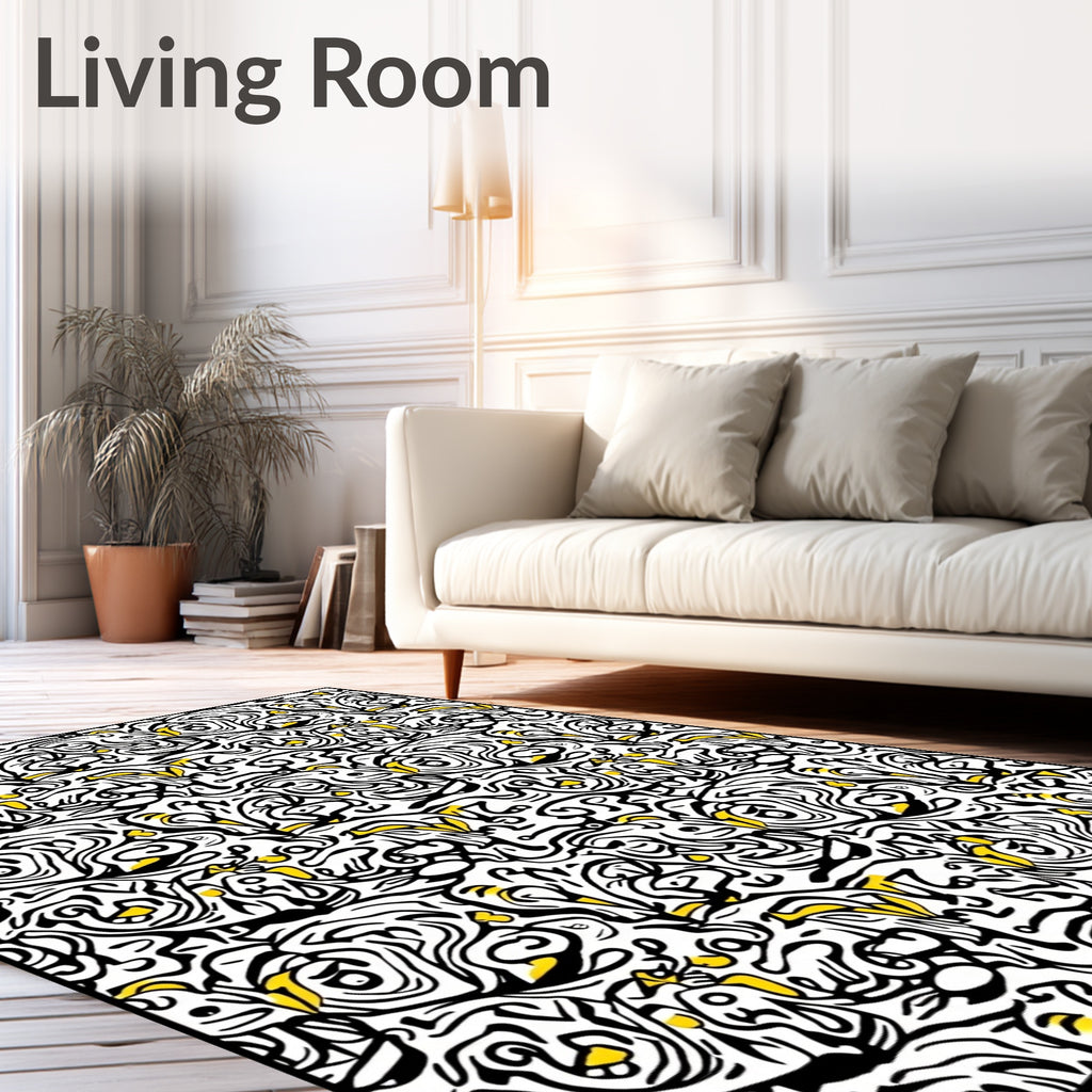 Black and Yellow Abstract Swirl Rug