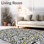 Black and Yellow Abstract Swirl Rug