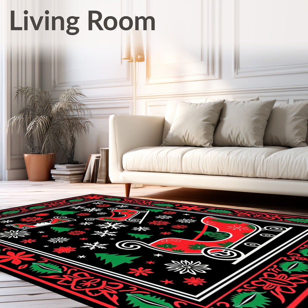 Classic Red Green Sleigh Snowflakes Rug
