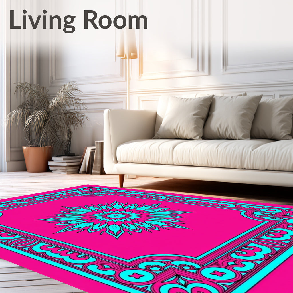 Vibrant Pink Cyan Medallion Frame Rug