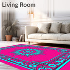 Vibrant Pink Cyan Medallion Frame Rug