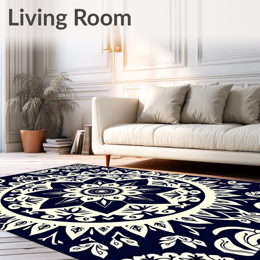 Deep Navy Ivory Mandala Bloom Rug