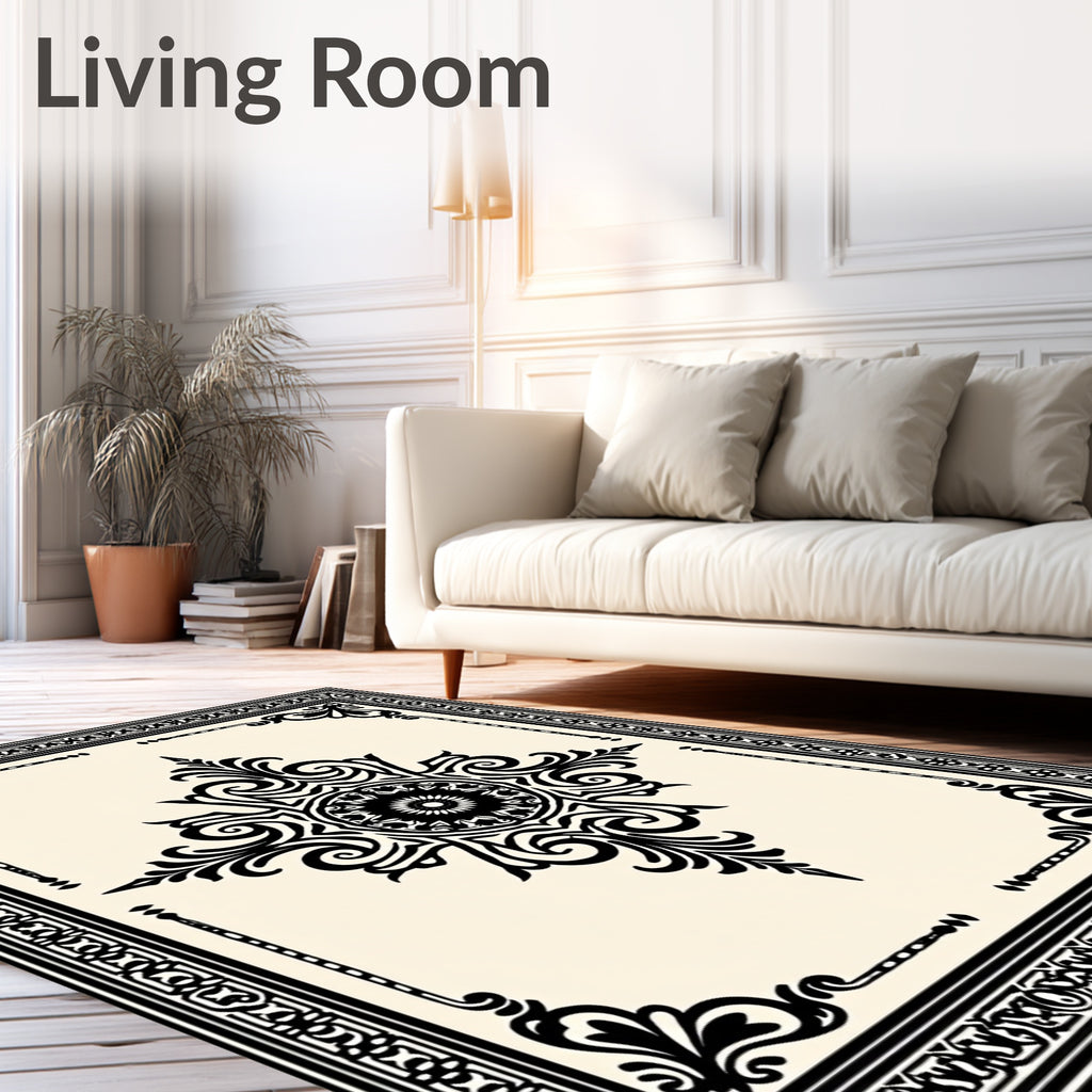 Cream Black Ornamental Floral Medallion Rug