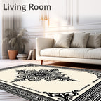 Cream Black Ornamental Floral Medallion Rug