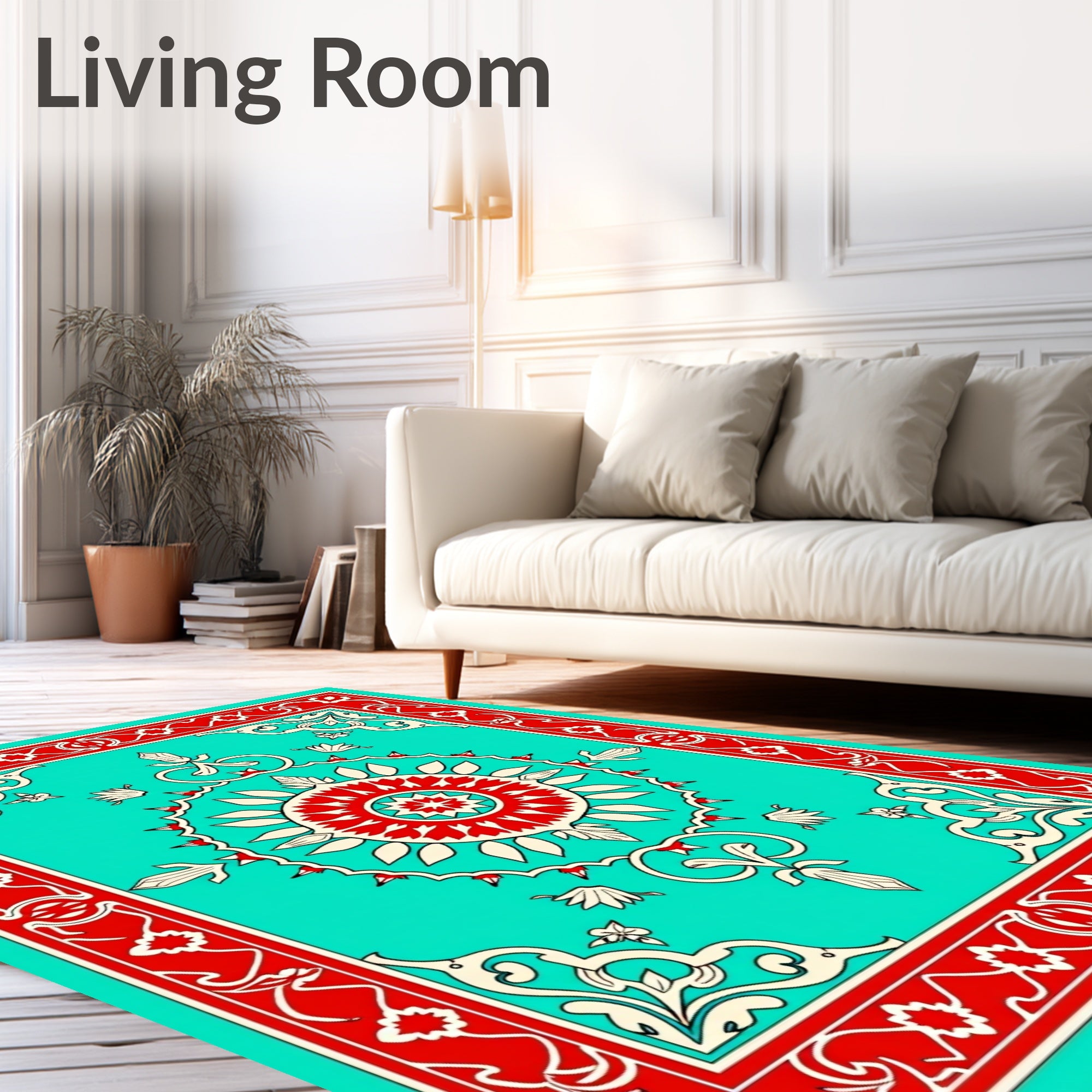 Turquoise Red Floral Medallion Border Rug