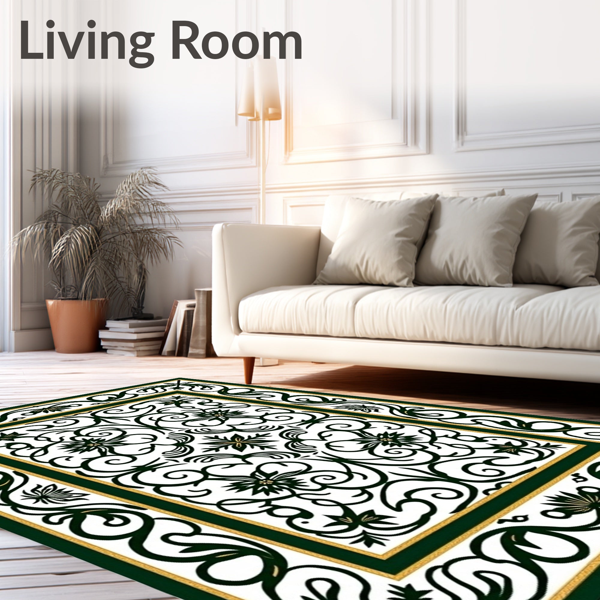 Elegant Green Gold Floral Scroll Rug