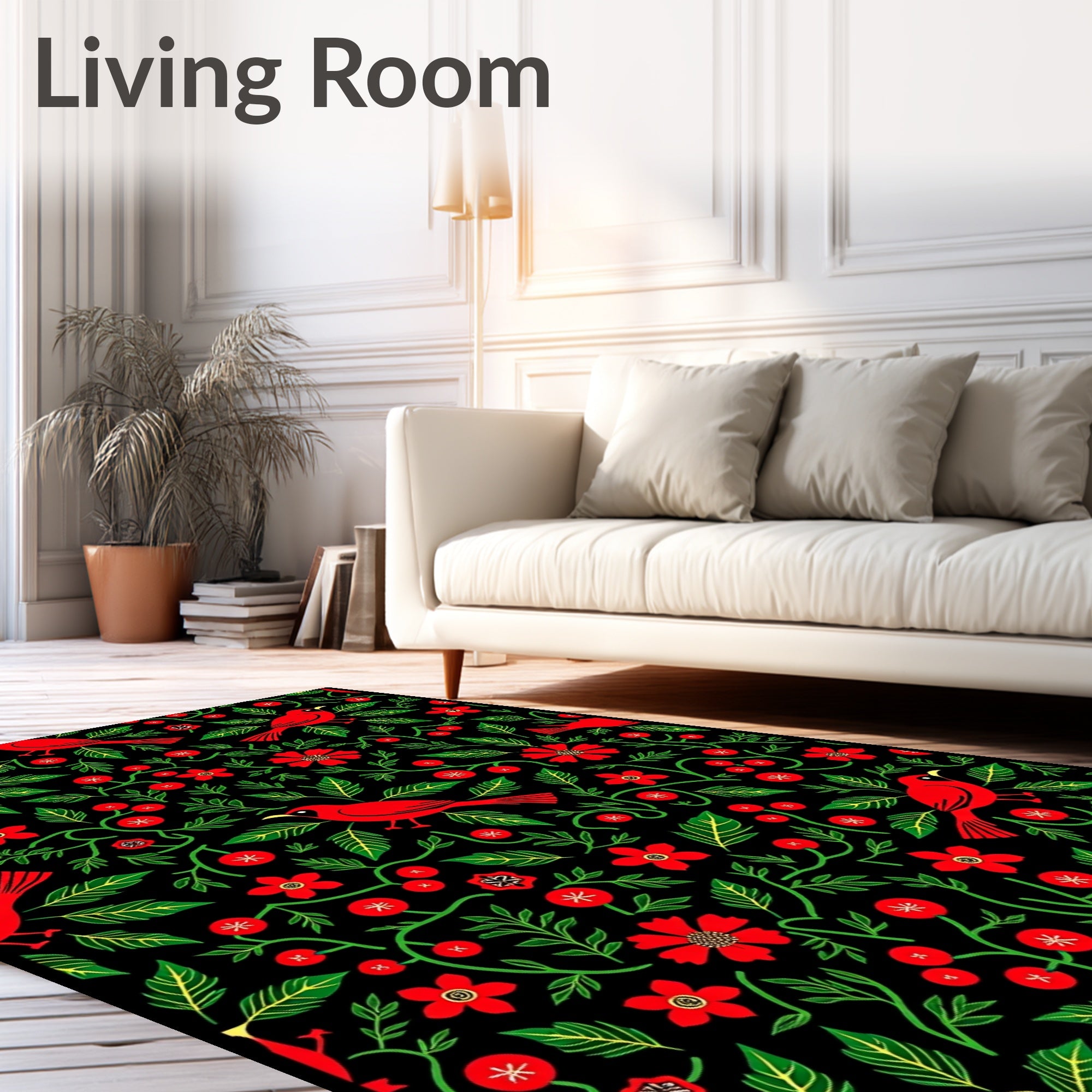 Red Cardinal Floral Vine Black Rug