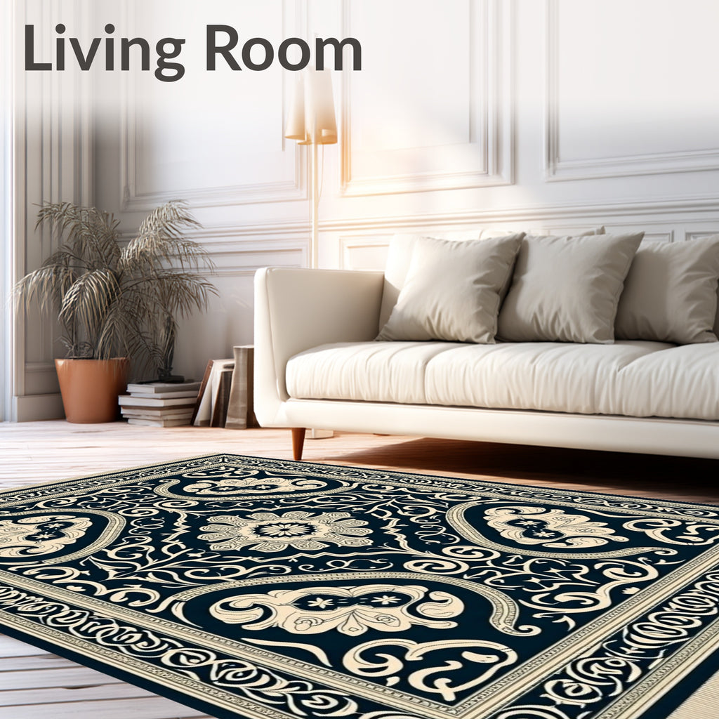 Classic Navy Floral Scroll Medallion Rug
