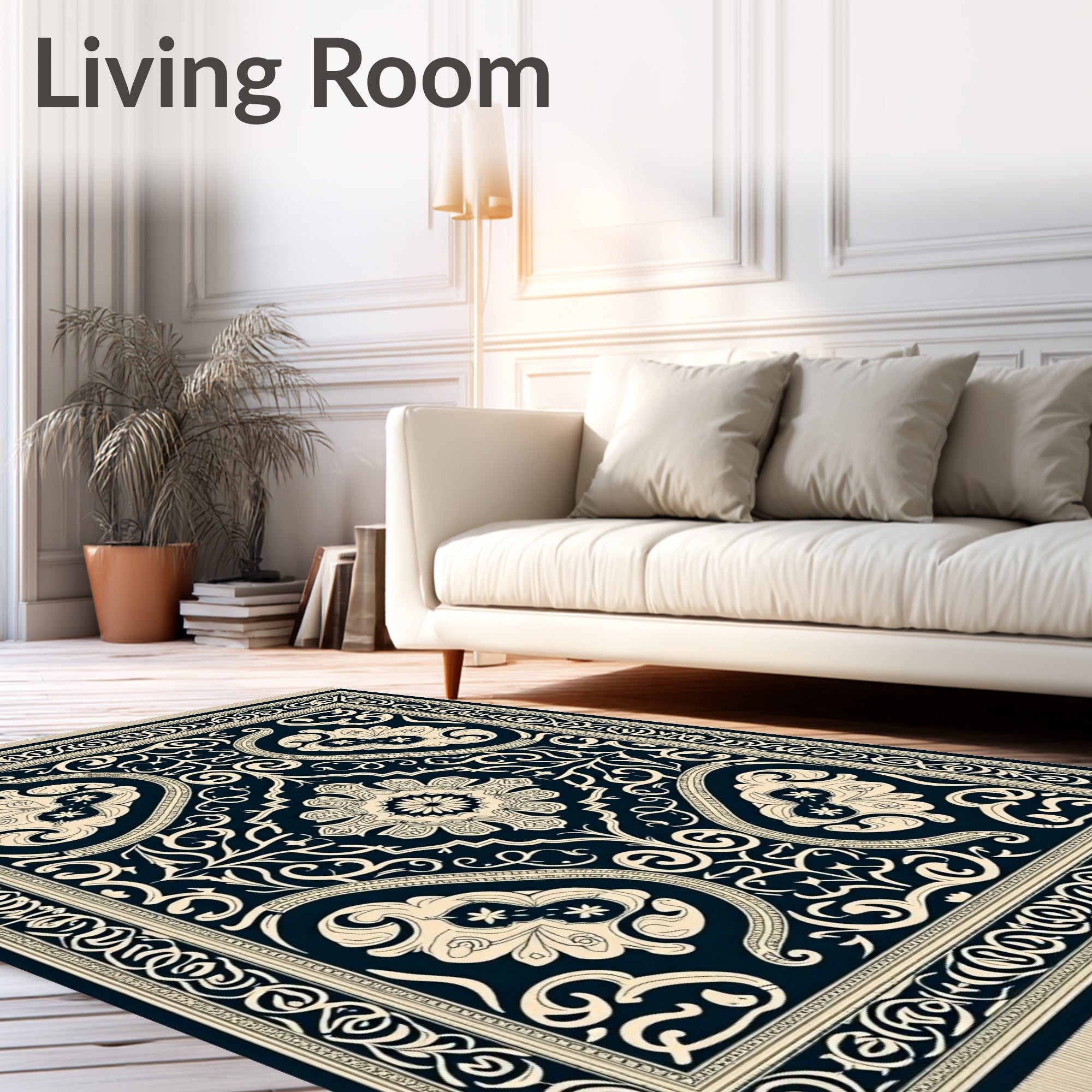 Classic Navy Floral Scroll Medallion Rug