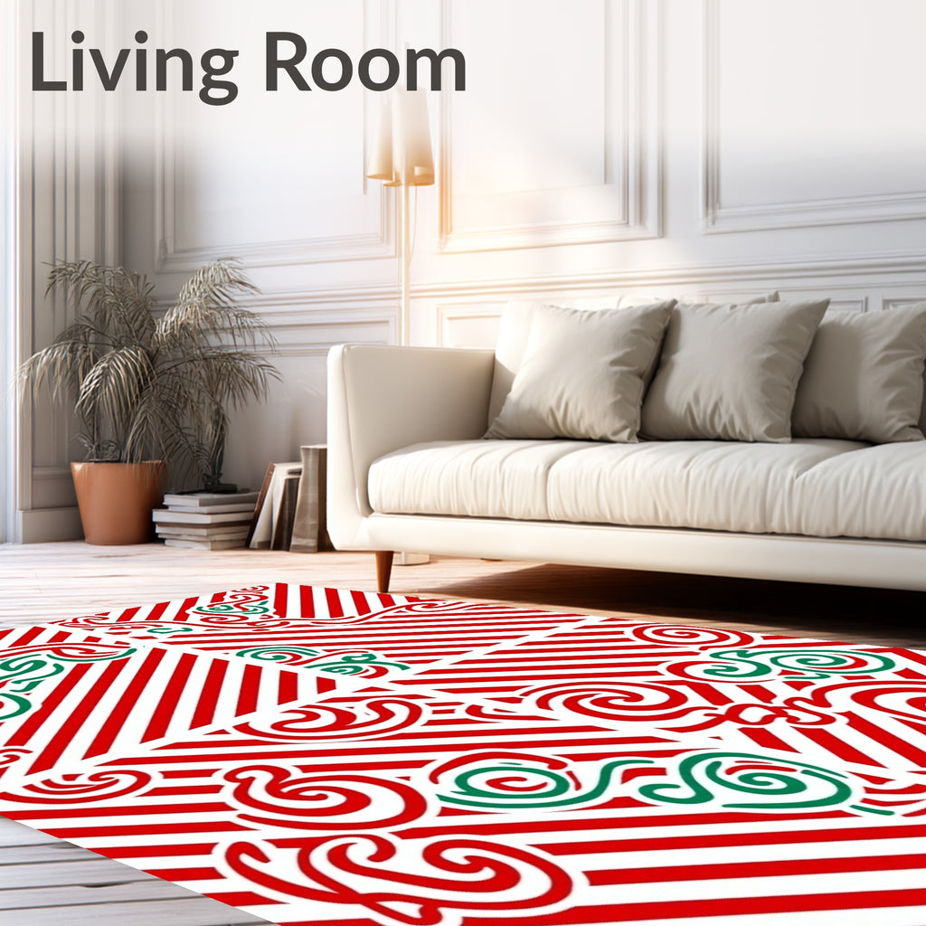 Festive Red Green Swirl Stripes Rug