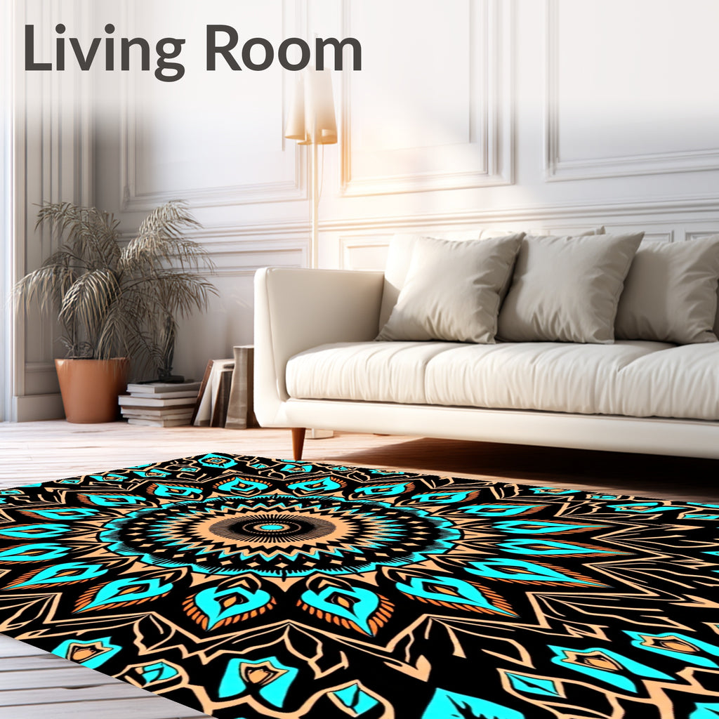 Turquoise Orange Mandala Black Background Rug