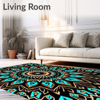 Turquoise Orange Mandala Black Background Rug