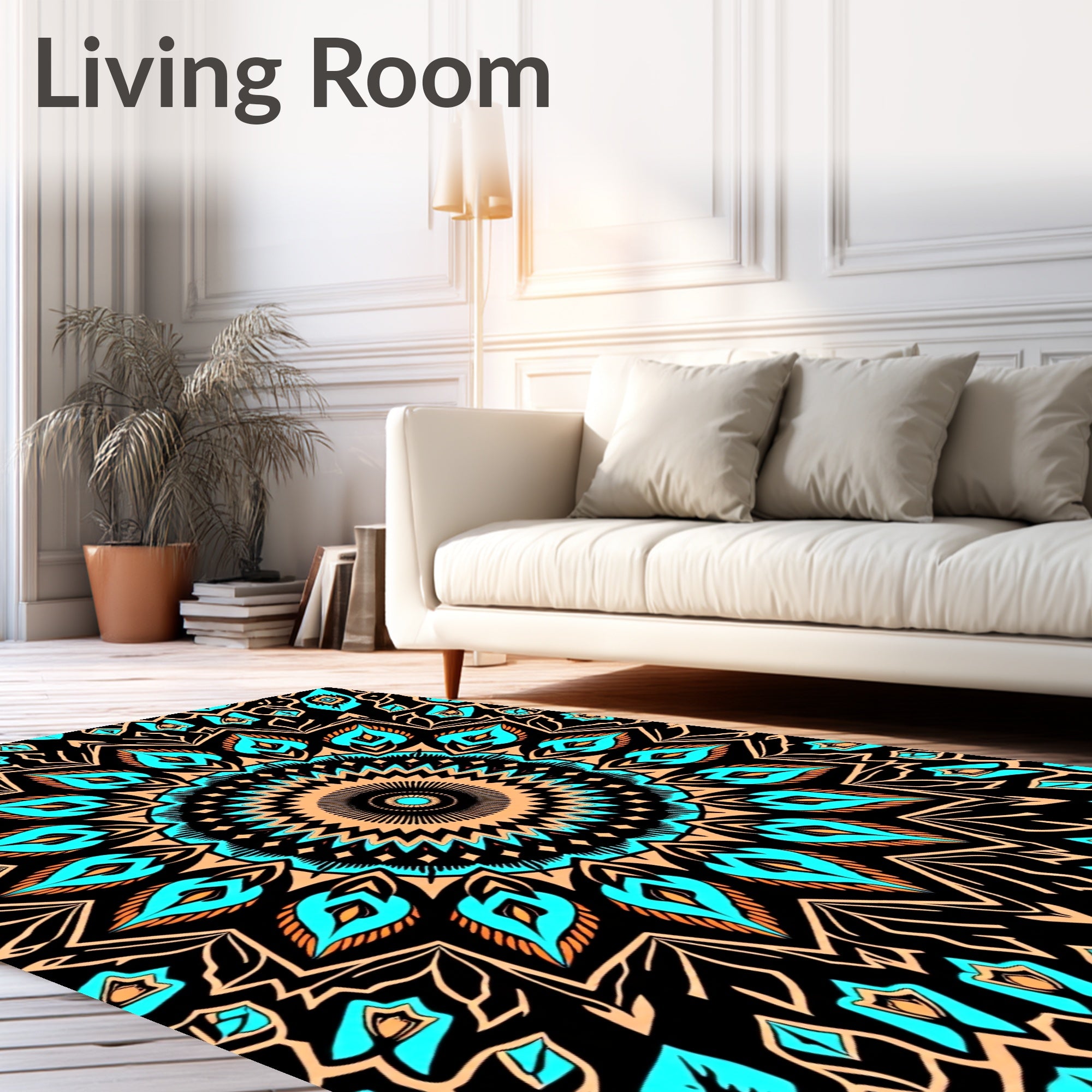 Turquoise Orange Mandala Black Background Rug