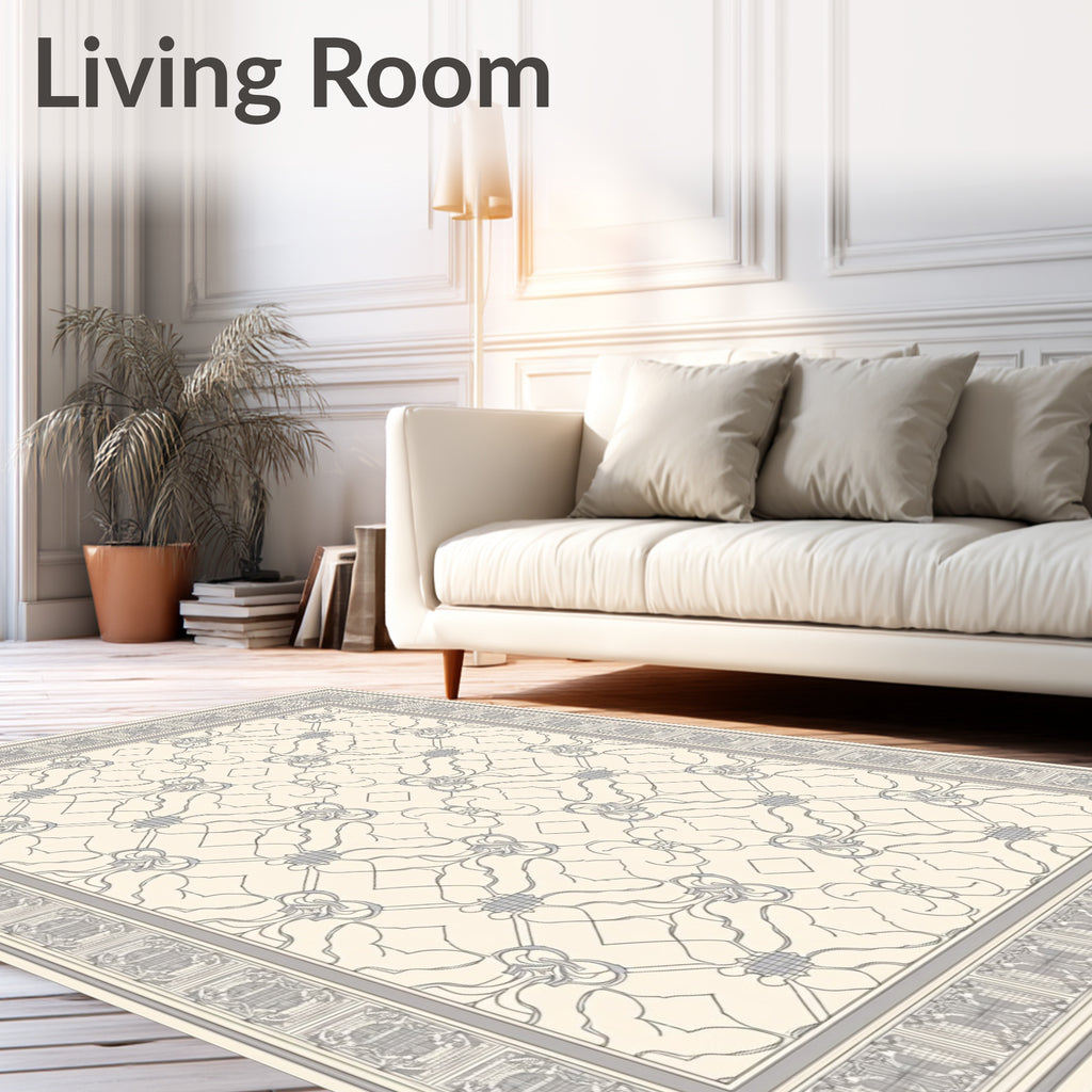 Subtle Gray Filigree Medallion Border Rug