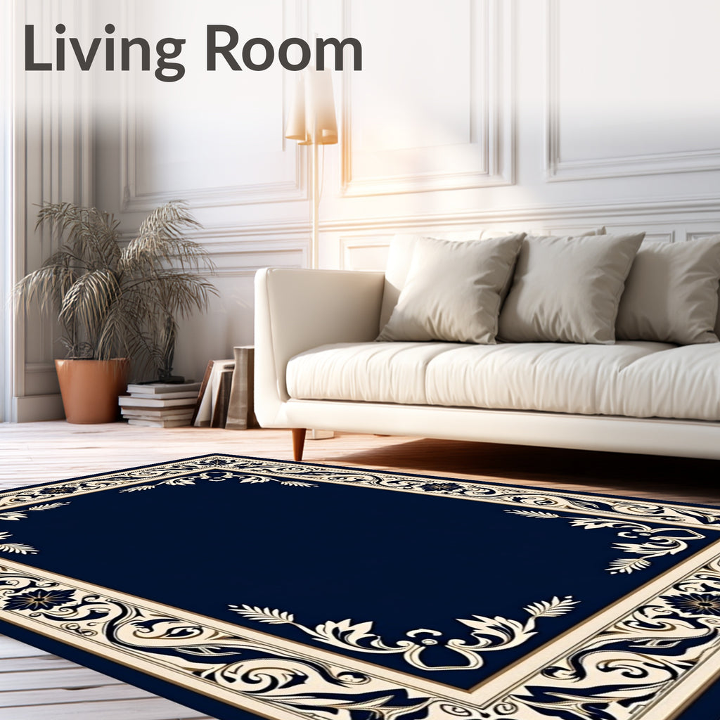 Deep Blue Ivory Floral Border Rug