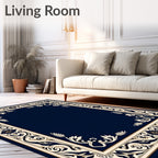Deep Blue Ivory Floral Border Rug