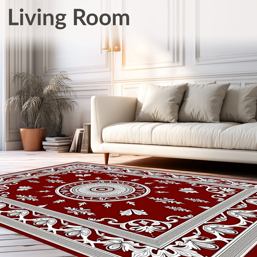 Crimson White Floral Mandala Border Rug
