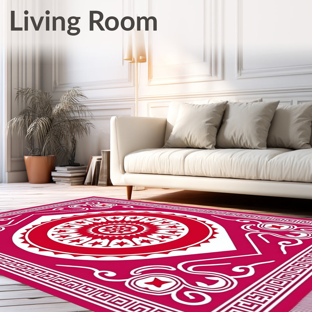 Vibrant Red Mandala Geometric Border Rug