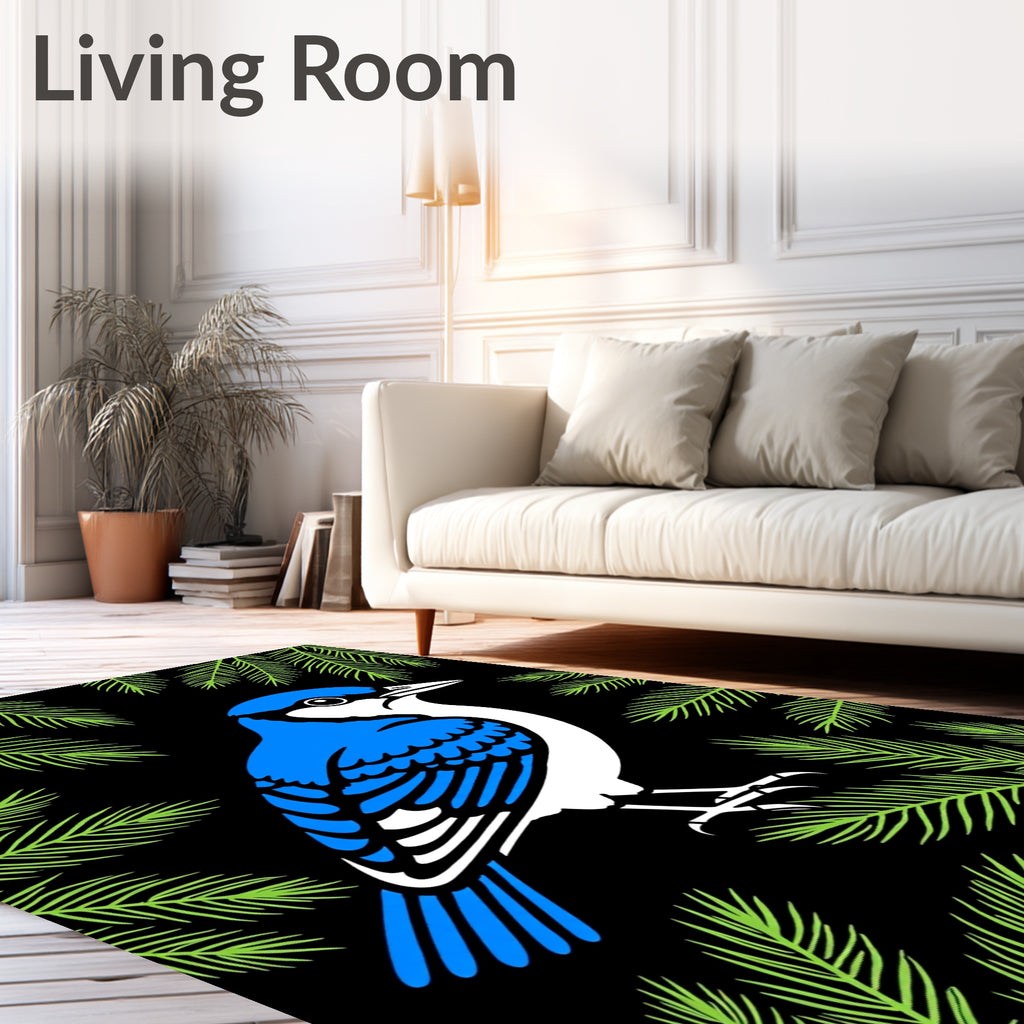 Bright Blue Jay Green Pine Fronds Rug