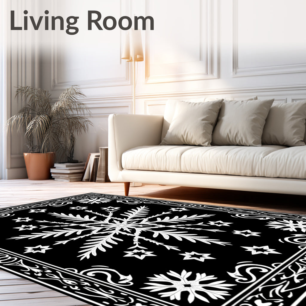 Bold Black White Snowflake Star Rug
