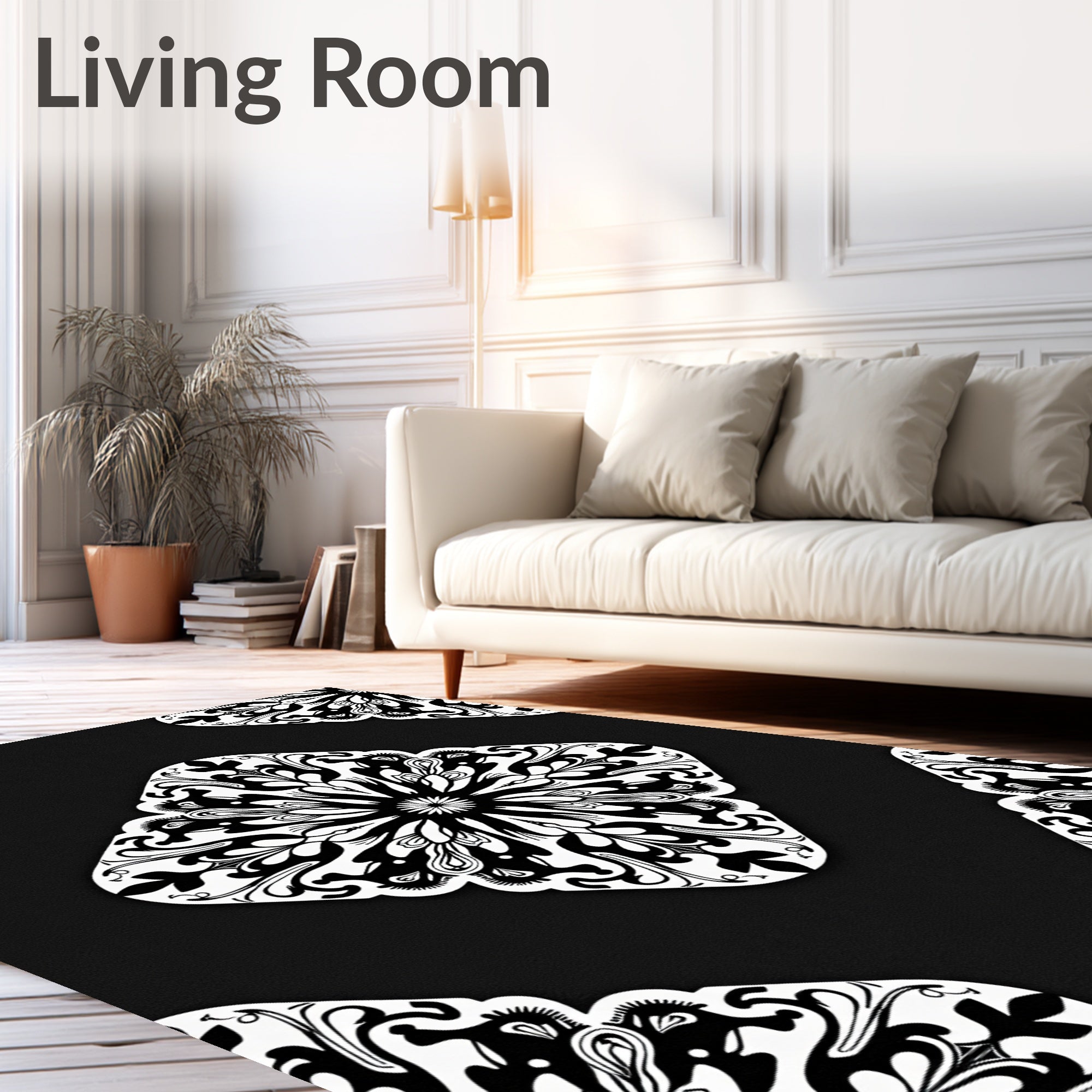 Black White Floral Mandala Rug