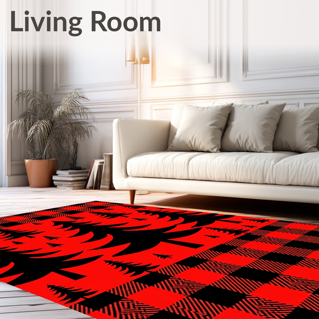 Red Black Buffalo Plaid Forest Pine Trees Rug