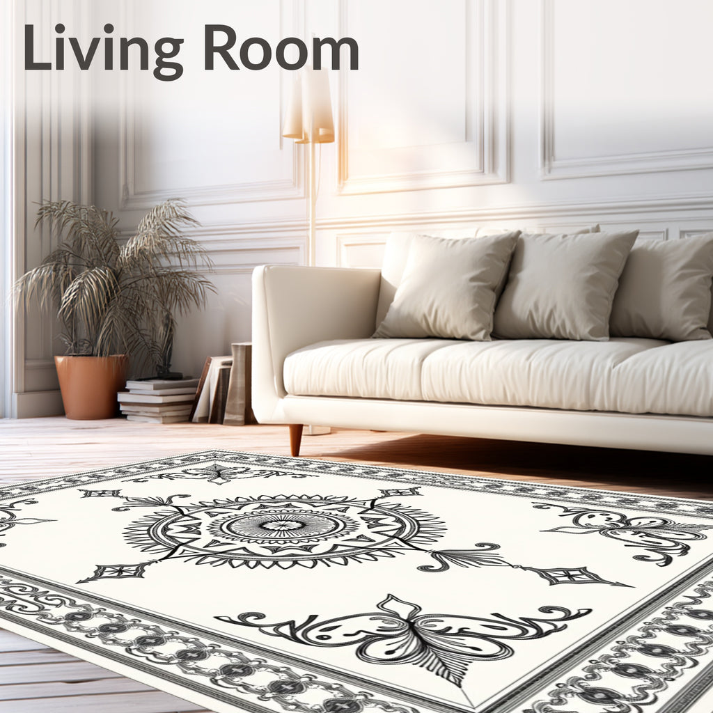 Ornate Black Ivory Medallion Border Rug