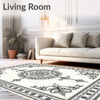 Ornate Black Ivory Medallion Border Rug