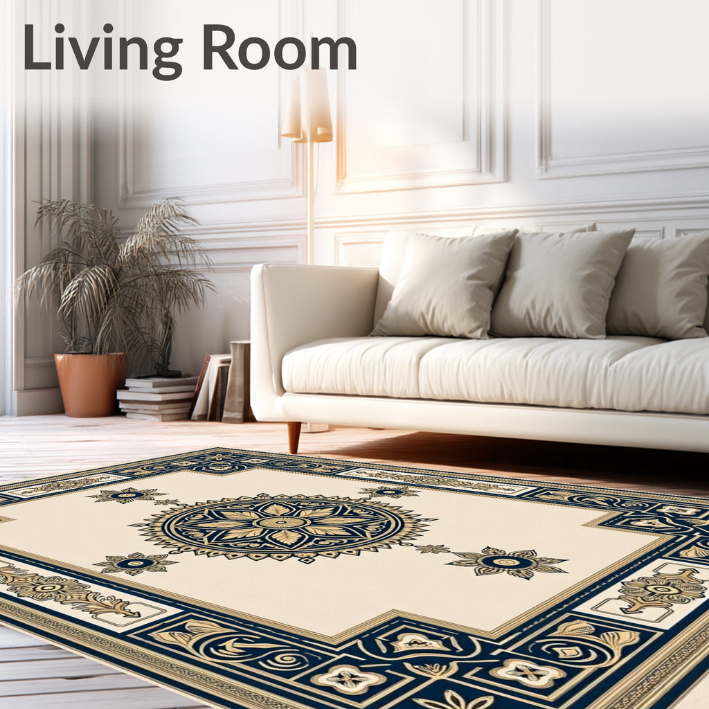 Dark Blue Golden Medallion Border Rug