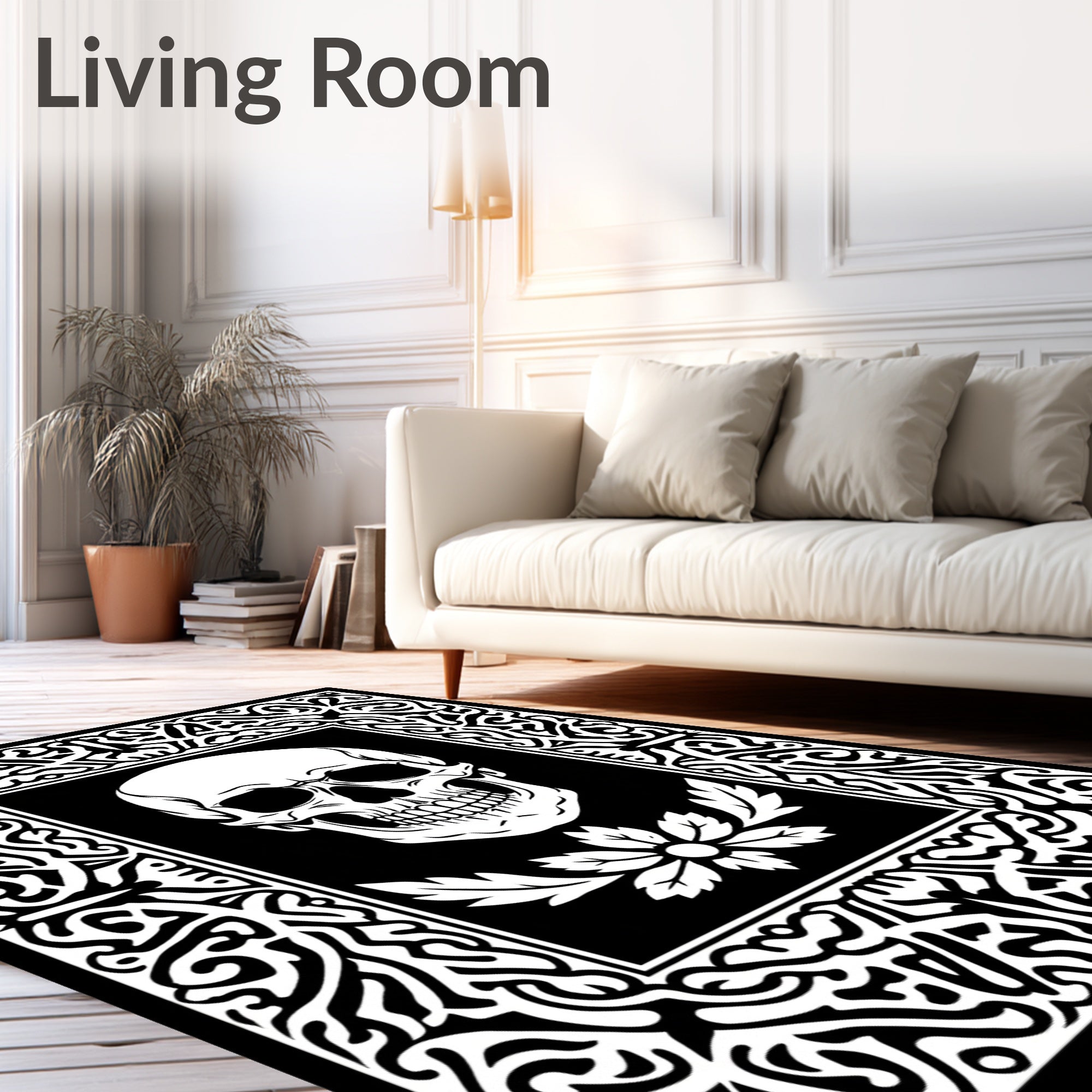 Monochromatic Skull Floral Border Rug