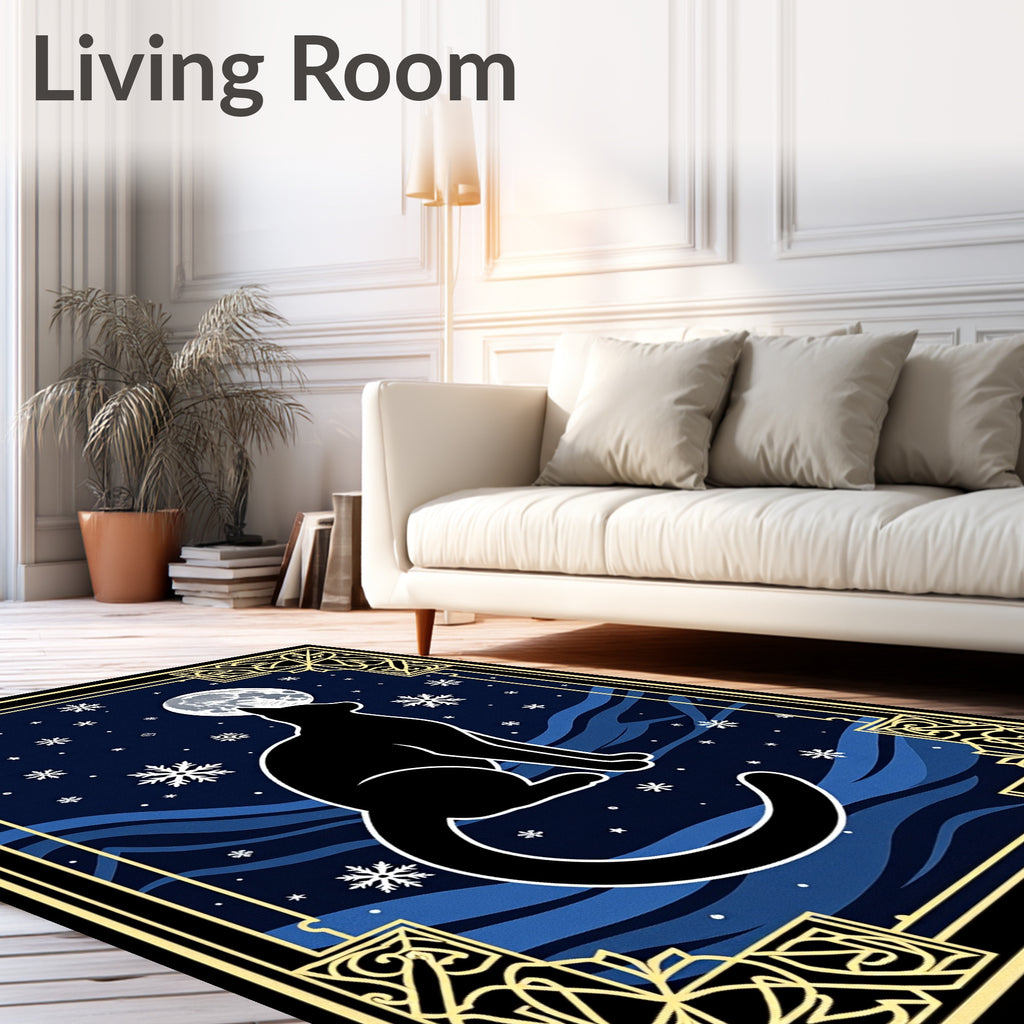 Midnight Black Cat Moon Snowflakes Rug
