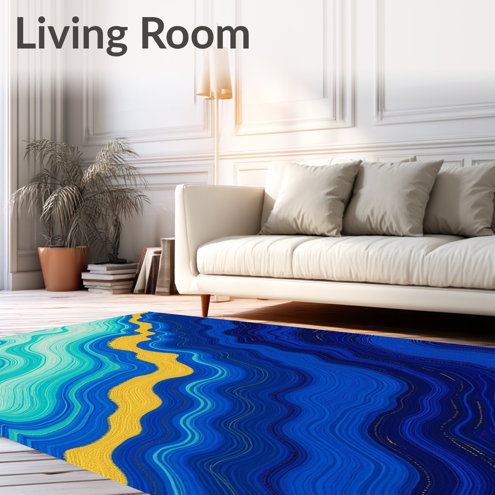 Cool Blue Gold Wavy Lines Rug