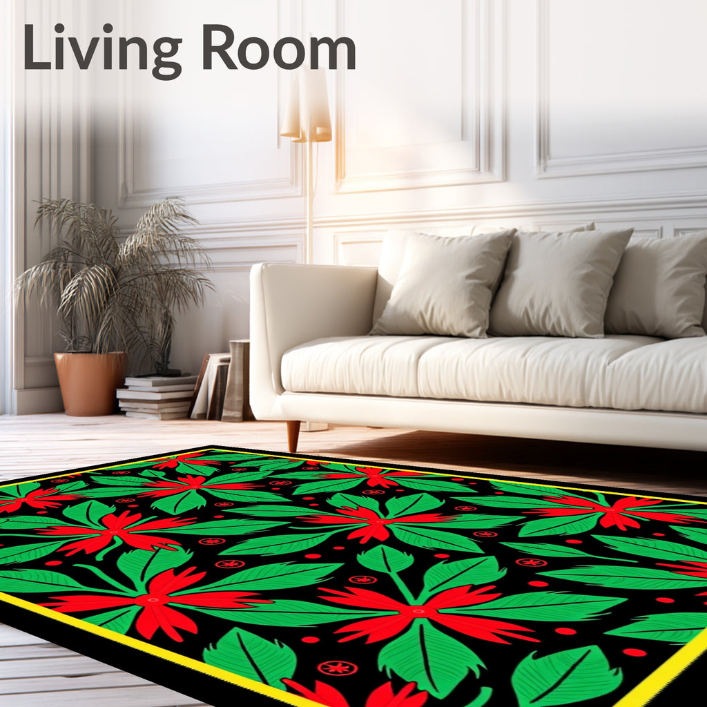 Bold Red Green Floral Foliage Rug