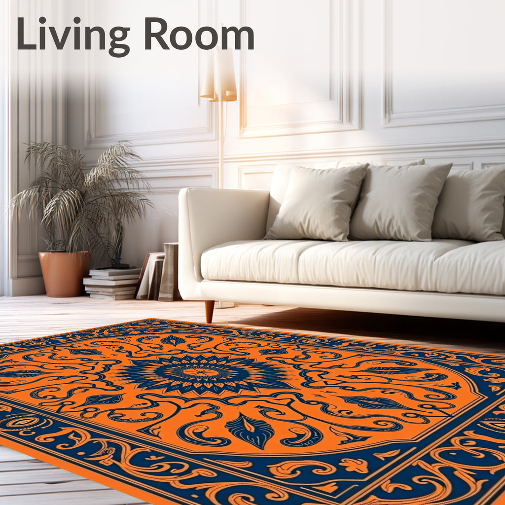 Orange Navy Floral Sunburst Medallion Rug