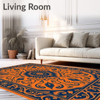 Orange Navy Floral Sunburst Medallion Rug