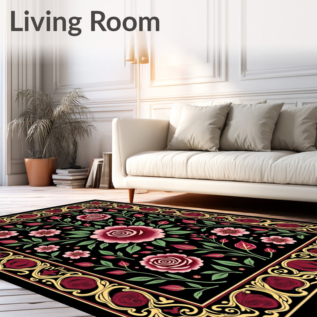 Ornate Black Floral Rose Garland Rug