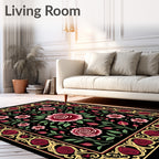 Ornate Black Floral Rose Garland Rug